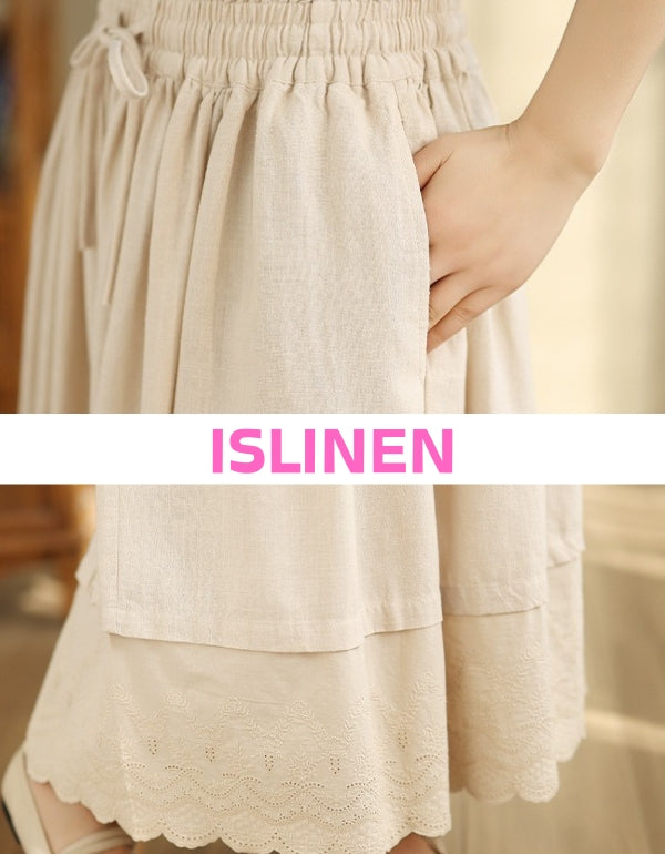 Women’s loose fit skirt pants with embroidered lace hem detail
