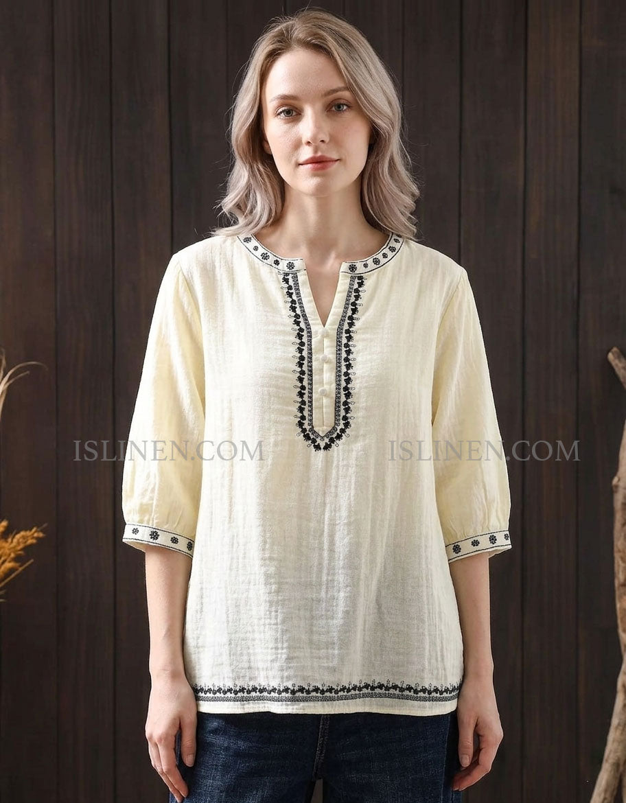 Apricot Linen Embroidered Blouse Women – Vintage Boho Loose Fit Top