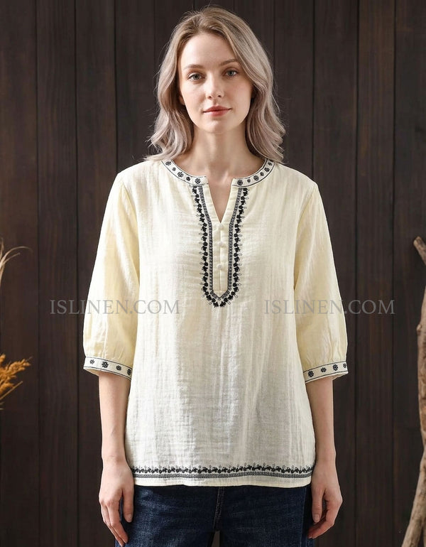 Apricot Linen Embroidered Blouse Women – Vintage Boho Loose Fit Top