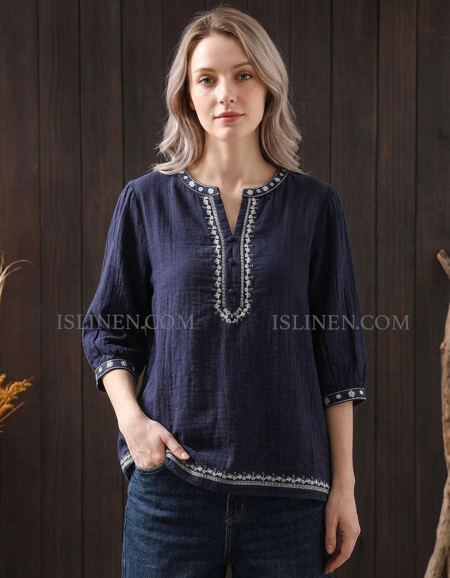 Navy Linen Embroidered Blouse Women – Vintage Boho Loose Fit Top