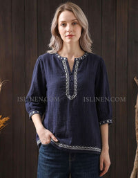 Navy Linen Embroidered Blouse Women – Vintage Boho Loose Fit Top