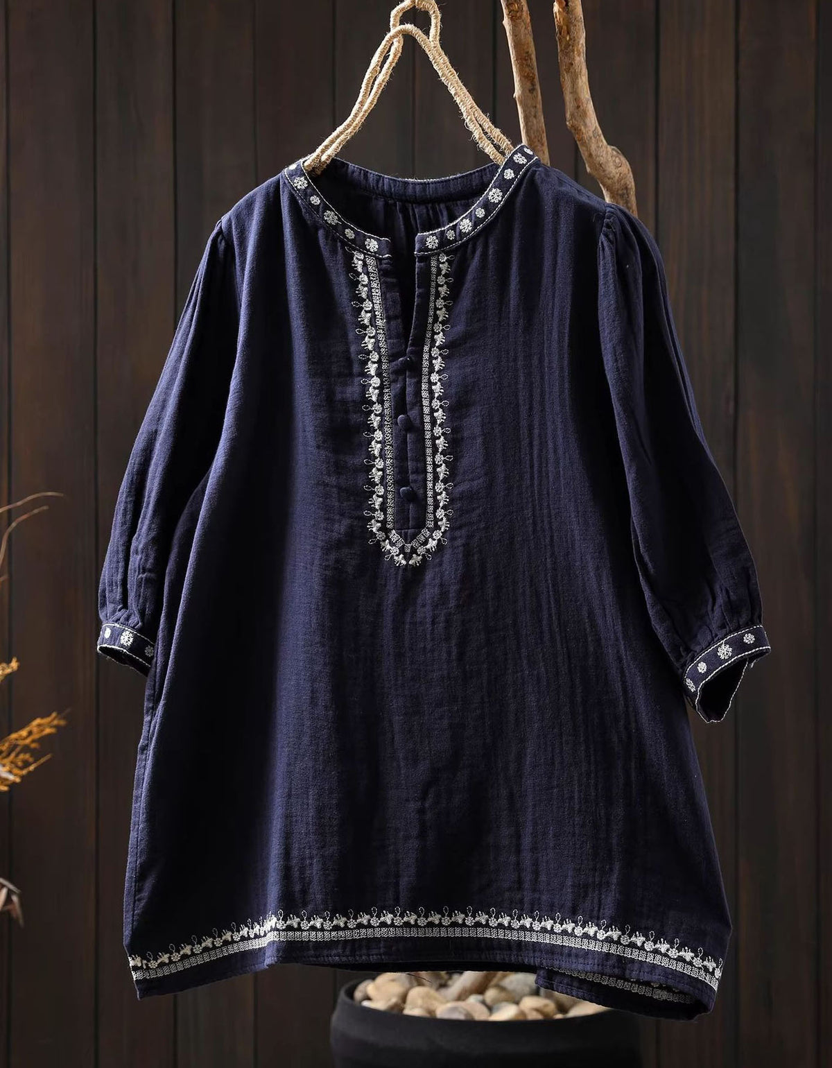 Boho Navy Linen Shirt Women – Embroidered 3/4 Sleeve Loose Top
