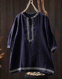 Boho Navy Linen Shirt Women – Embroidered 3/4 Sleeve Loose Top