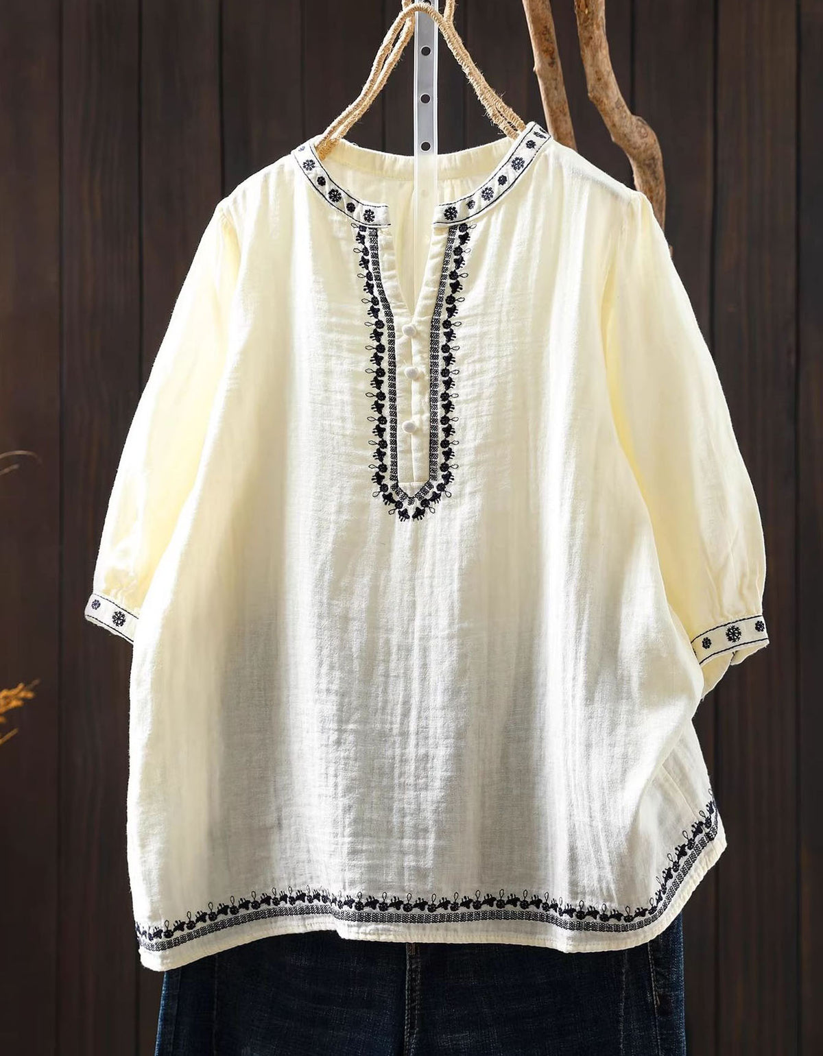 Boho White Linen Shirt Women – Embroidered 3/4 Sleeve Loose Top
