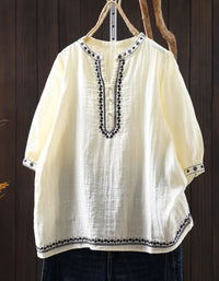 Boho White Linen Shirt Women – Embroidered 3/4 Sleeve Loose Top