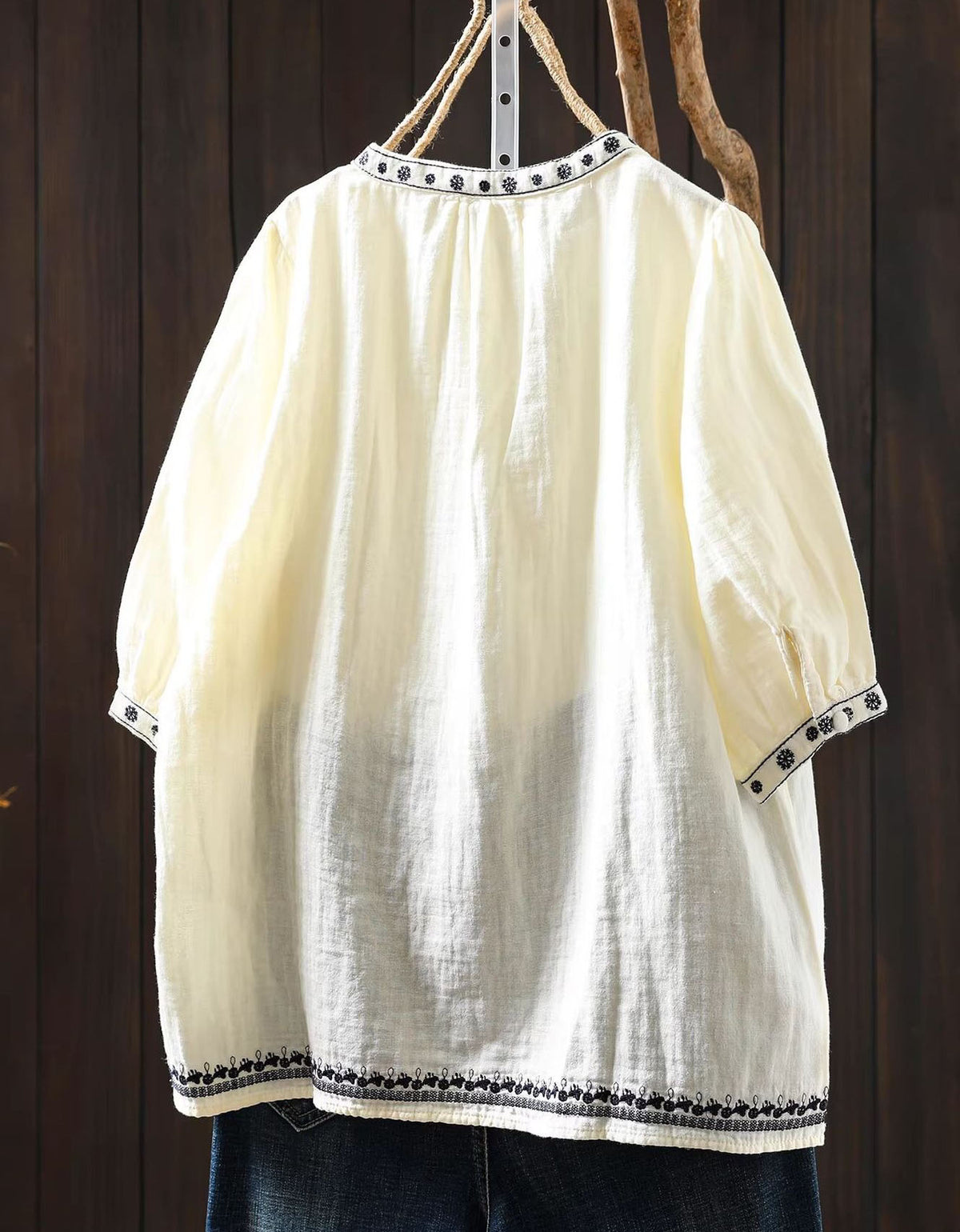 Back View of Boho White Linen Shirt Women – Embroidered 3/4 Sleeve Loose Top