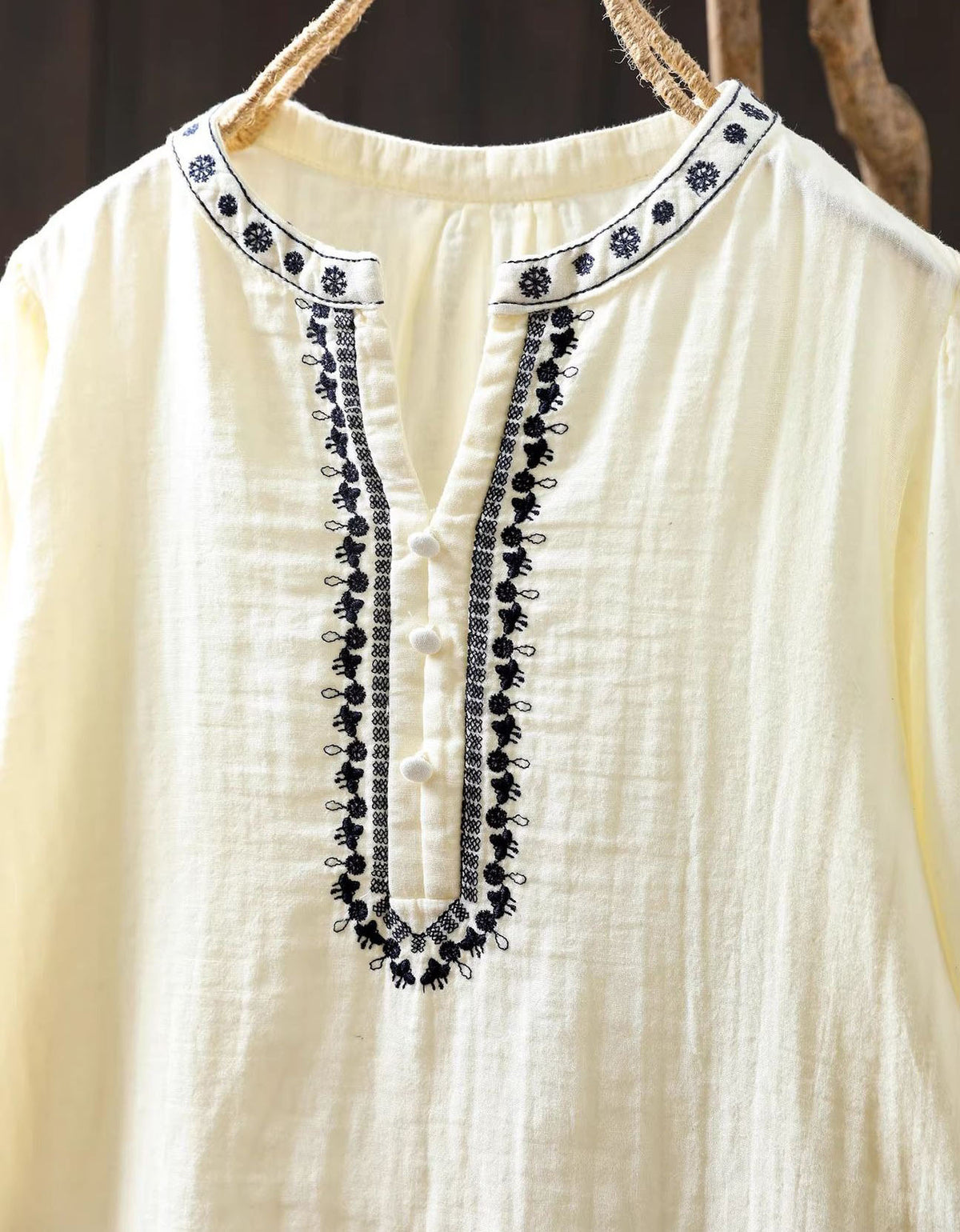 Details of Casual White Linen Tunic Women – Ethnic Embroidery Loose Fit Blouse
