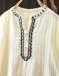 Details of Casual White Linen Tunic Women – Ethnic Embroidery Loose Fit Blouse