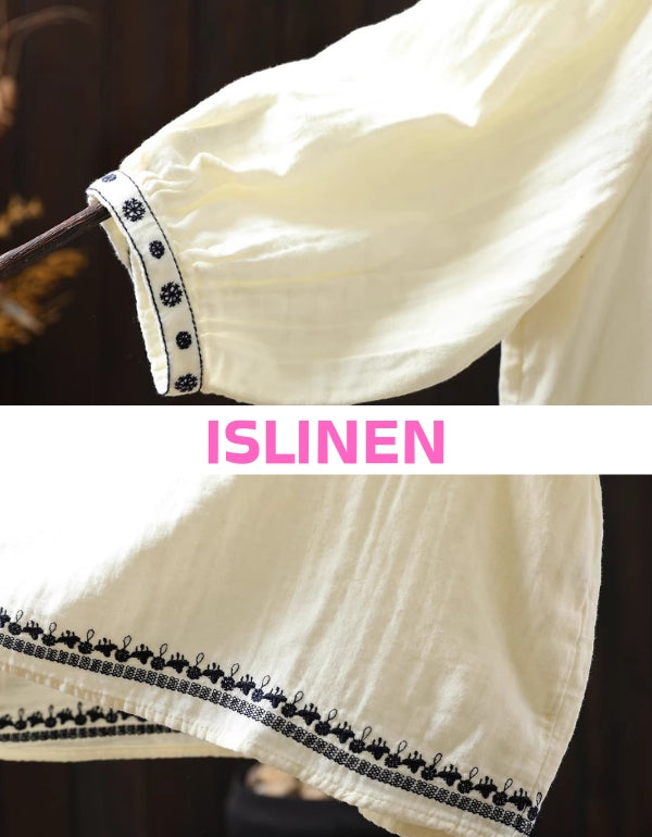 Close up of Casual White Linen Tunic Women – Ethnic Embroidery Loose Fit Blouse