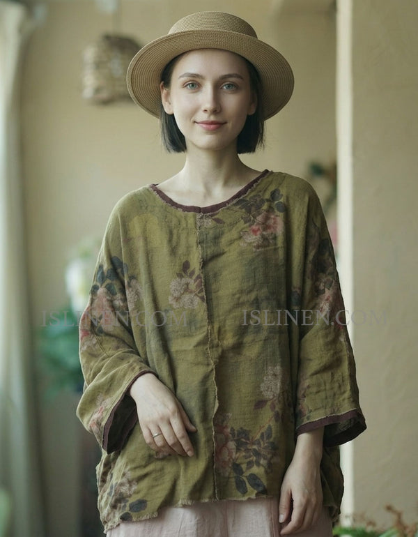 Women Vintage Floral Linen Blouse Loose Fit Top