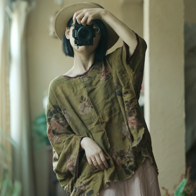 Boho Floral Linen Blouse Women Oversized Casual