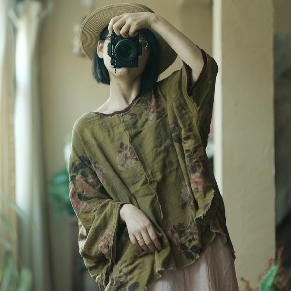 Boho Floral Linen Blouse Women Oversized Casual