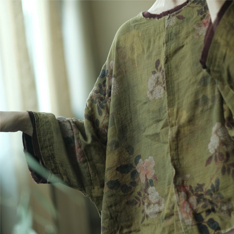Loose Vintage Floral Cotton Linen Top Women
