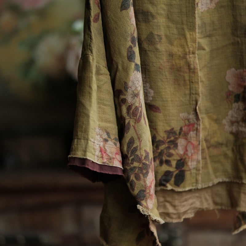 Women vintage floral linen blouse loose fit front view