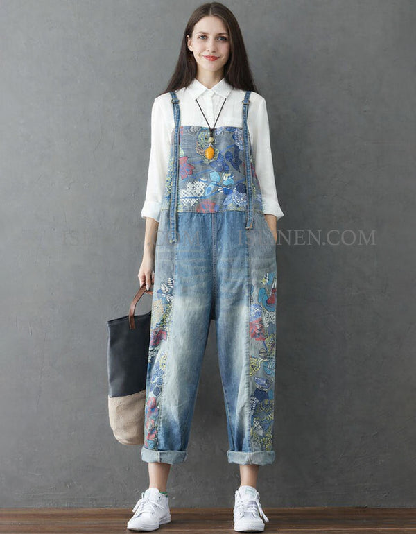 Boho Floral Denim Overalls Women Loose Fit Jumpsuit