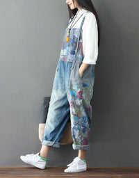 Casual Floral Denim Overalls Women Loose Fit Pants