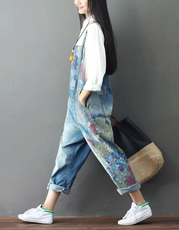 Bohemian Floral Denim Overalls Casual Women Outfit
