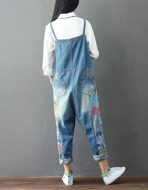 Back view of boho denim overalls women floral patchwork outfit