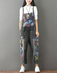 Women Vintage Denim Overalls Floral Loose Jumpsuit