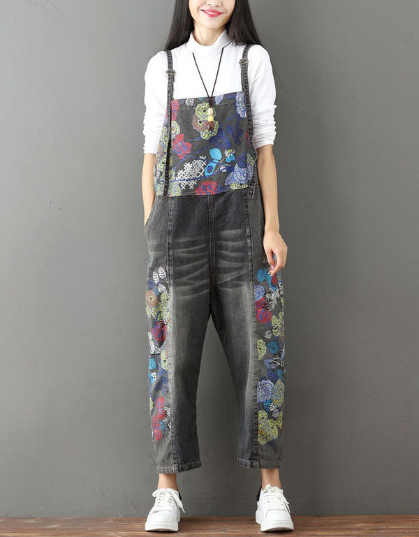 Women Vintage Denim Overalls Floral Loose Jumpsuit