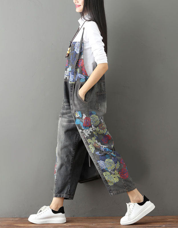 vintage floral denim overalls women loose jumpsuit side view