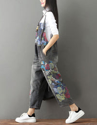 vintage floral denim overalls women loose jumpsuit side view