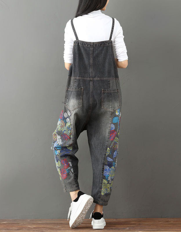 Back view of casual loose denim jumpsuit women wide leg style