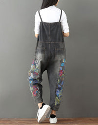 Back view of casual loose denim jumpsuit women wide leg style