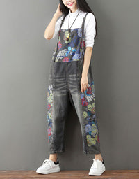 Loose Vintage Floral Denim Jumpsuit Overalls Women