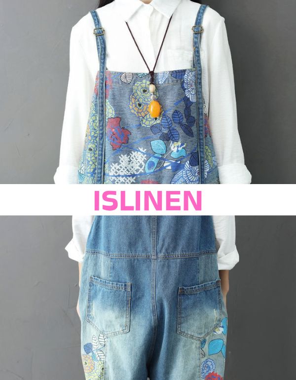 Close up view of vintage denim overalls women layered outfit shirt