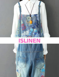 Close up view of vintage denim overalls women layered outfit shirt