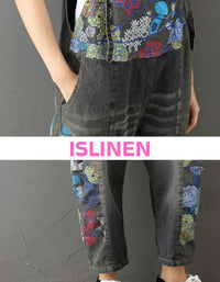 Close up view of floral patchwork denim overalls women casual look