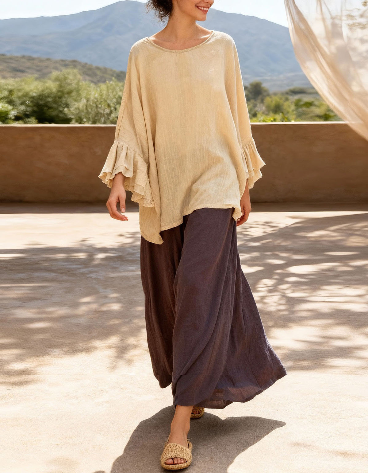 Casual Linen Blouse for Women with Bell Sleeves