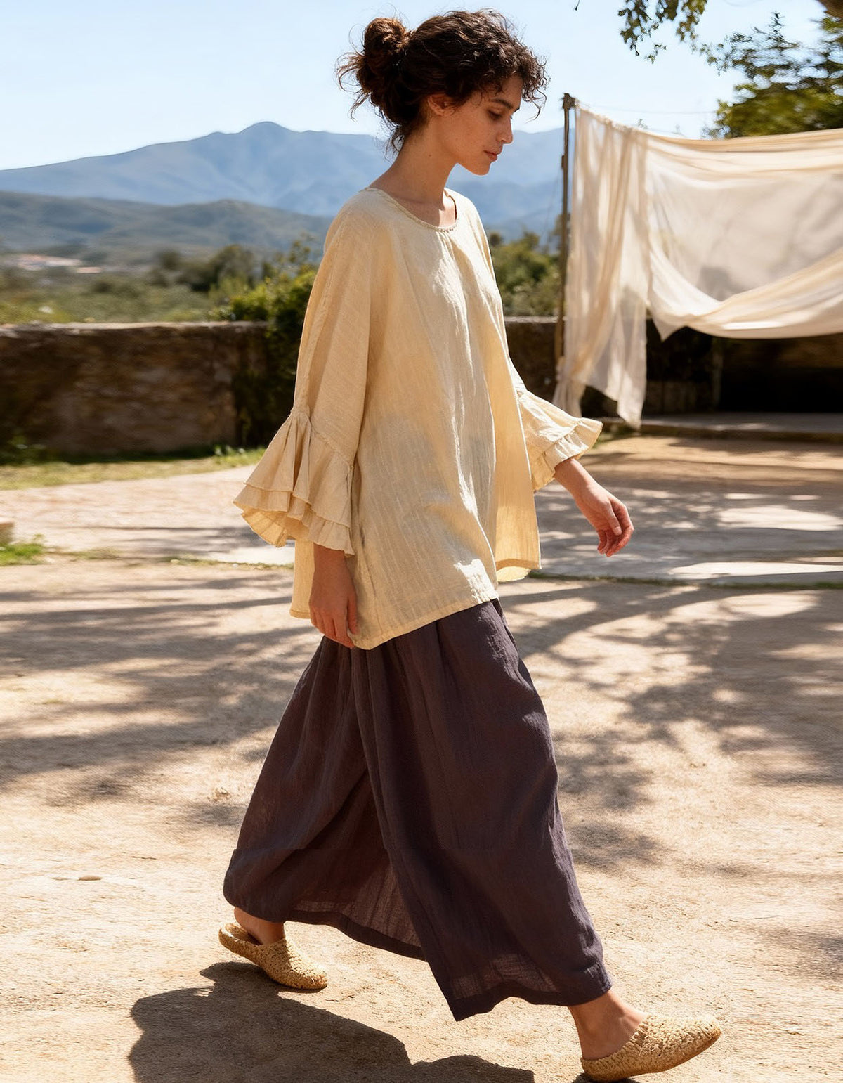 Lightweight Beige Linen Top with Ruffled Sleeves