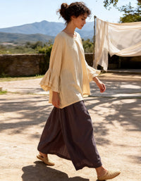 Lightweight Beige Linen Top with Ruffled Sleeves