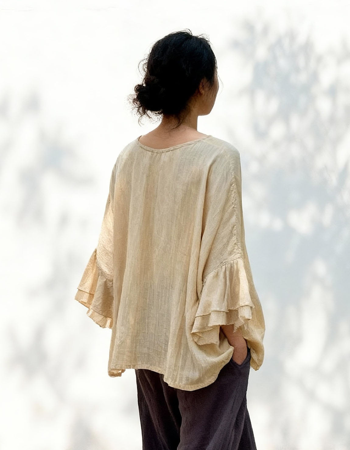 Elegant Linen Top with Ruffle Sleeves for Women