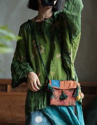 Women Vintage Loose Green Floral 3/4 Sleeve Linen Shirt