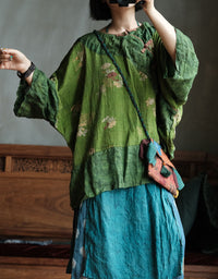 Women Vintage Loose Green Floral 3/4 Sleeve Linen Shirt