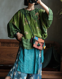 Women's Japanese Style Linen Shirt – Relaxed Fit Floral Tunic with Frog Button Closure