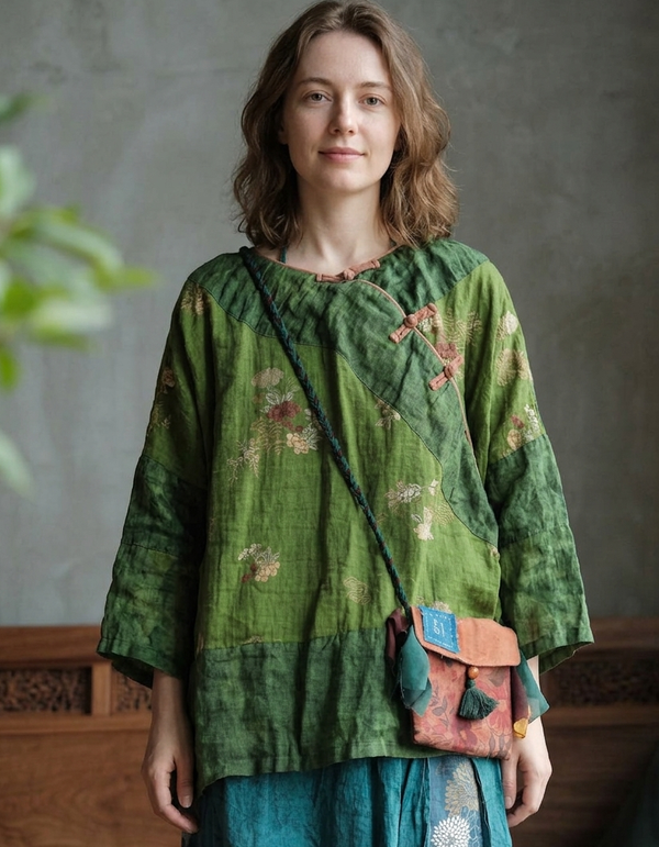 Vintage Green Linen Tunic Top for Women – Floral Print Loose Fit Bohemian Blouse