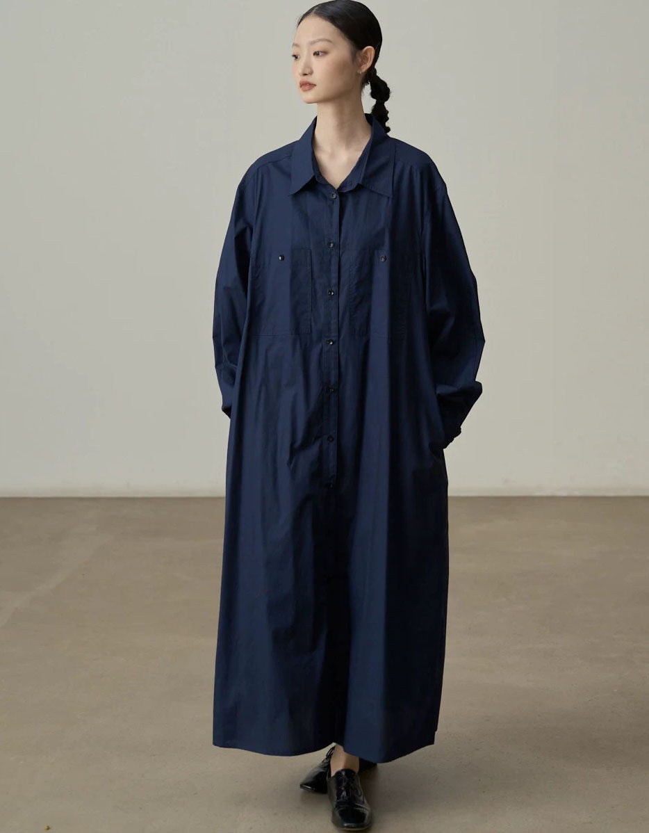 Women’s Navy Oversized Shirt Dress – Long Sleeve Button Down Maxi Dress
