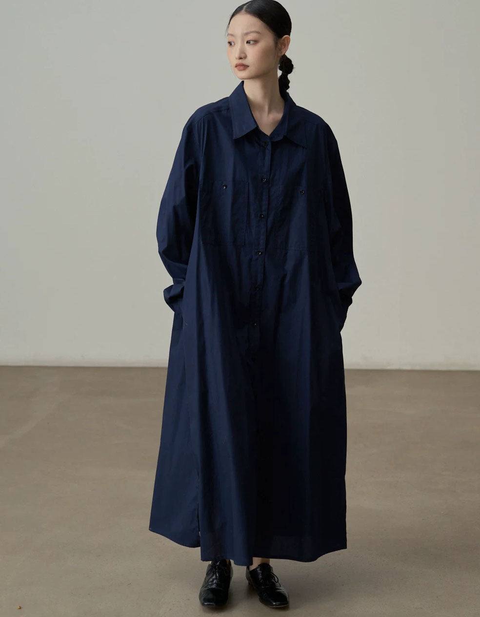 Minimalist Navy Shirt Dress for Women – Loose Fit Long Sleeve Maxi Dress