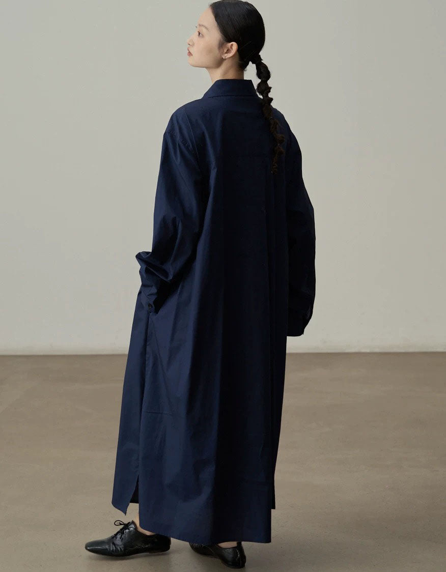 Women’s Loose Fit Shirt Dress – Minimalist Long Sleeve Navy Maxi Dress