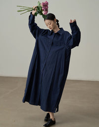 Elegant Navy Button Down Maxi Dress – Women’s Relaxed Fit Shirt Dress