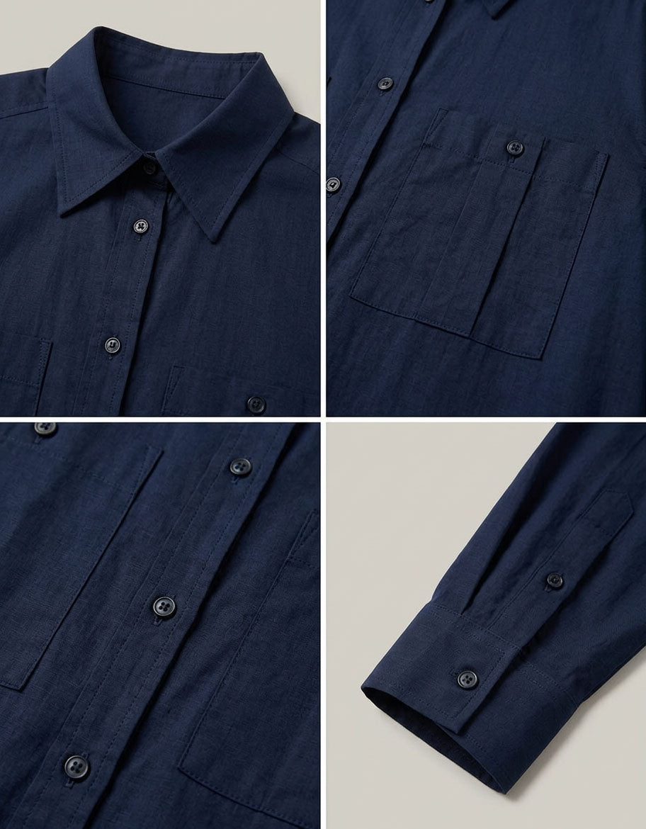 Minimalist navy button down maxi dress loose fit side profile