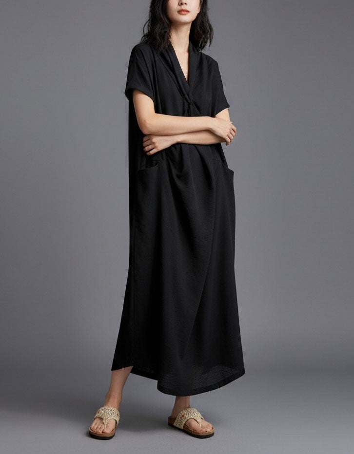Minimalist Gray Maxi Dress for Women – Loose Linen Blend Dress with Pockets