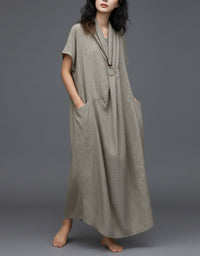 Women’s gray linen maxi dress loose fit front view with pockets