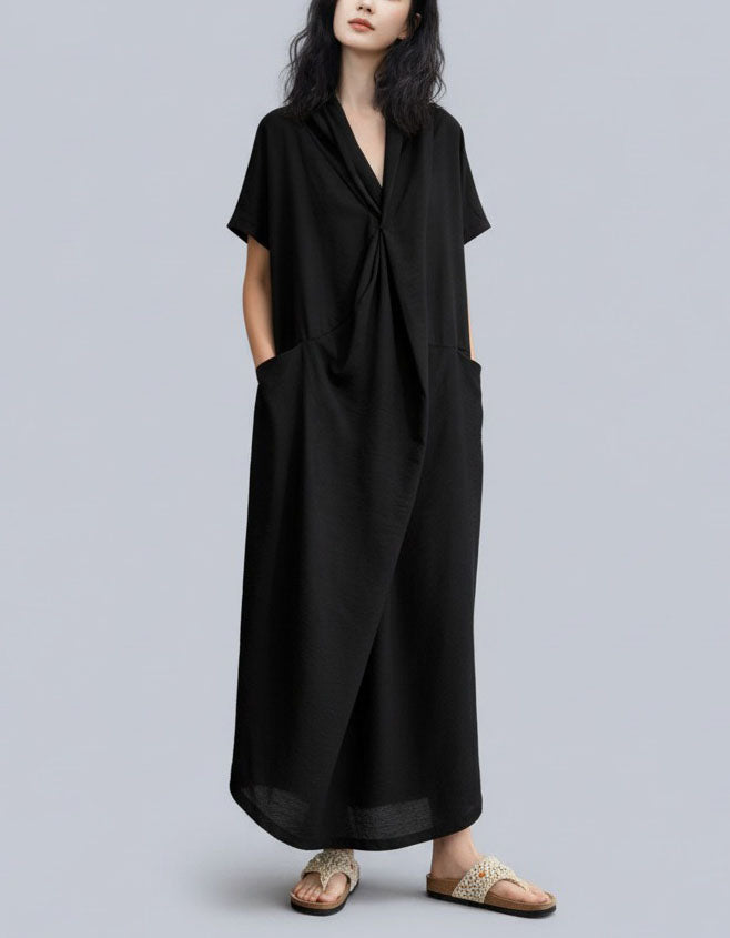 Loose fit linen dress with side pockets close up detail
