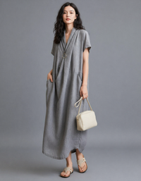 Women’s Gray Linen Maxi Dress – Loose Fit V-Neck Casual Dress with Pockets