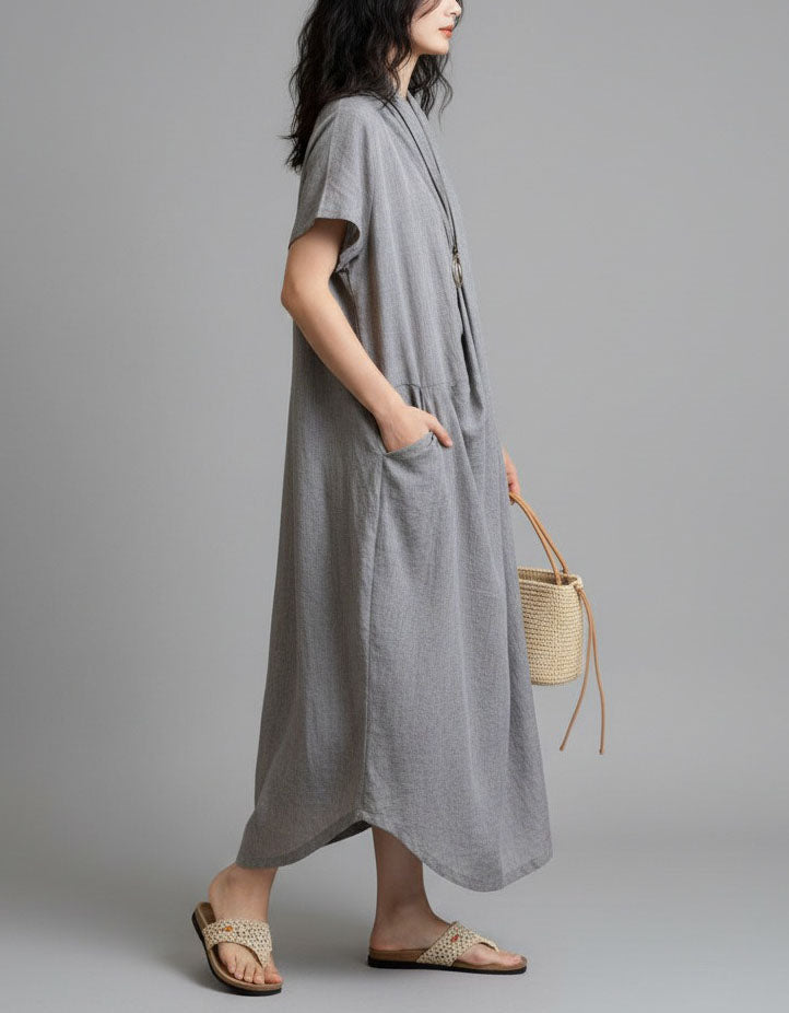 Minimalist V-neck gray dress casual full length outfit
